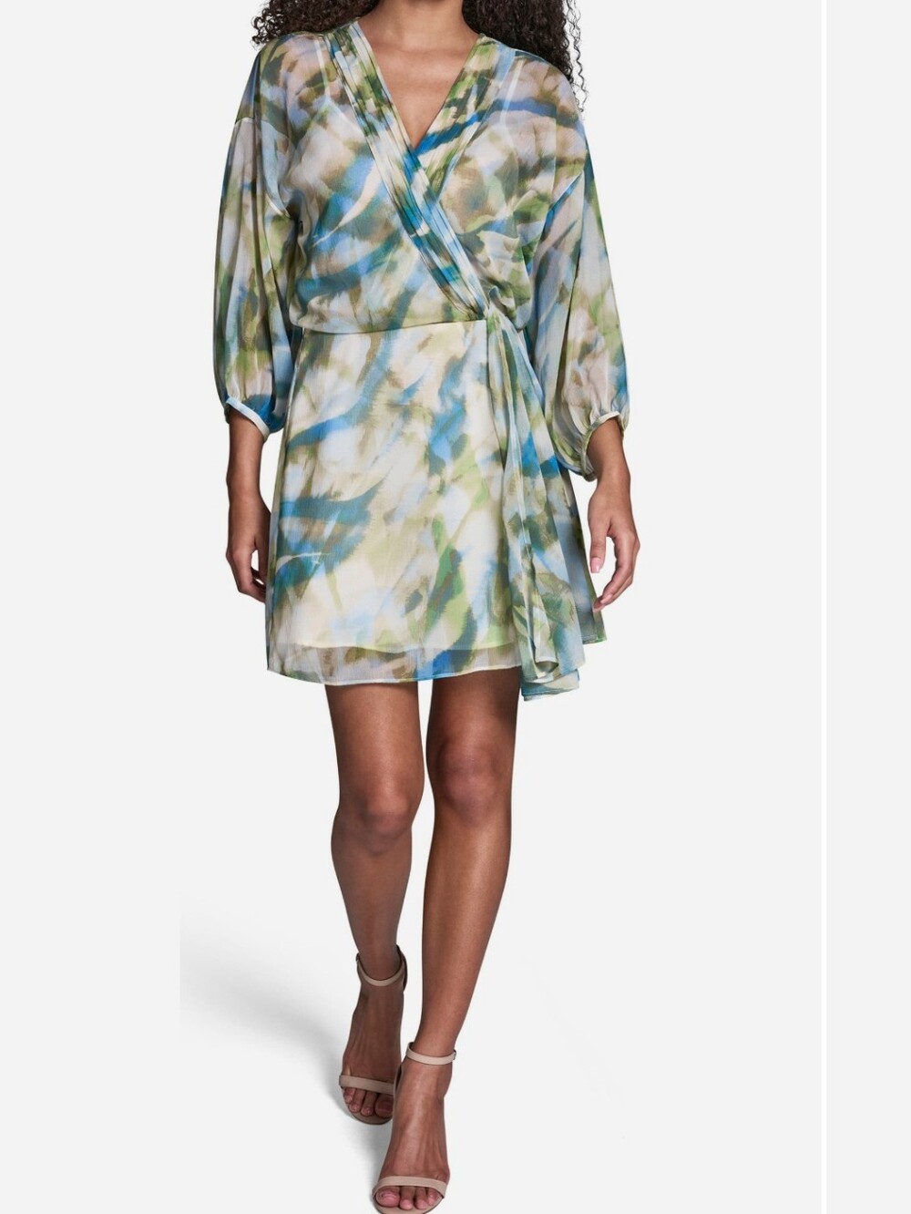 BCBG Size 10 Blue & Green Floral Print Chiffon Long Sleeve Minidress Msrp $119
